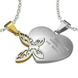 Ocelový dvojpřívěsek, stříbrná a zlatá barva, srdce s nápisem, motýlek s výřezy obraz
