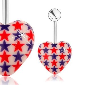 Ocelový piercing do pupíku, kulička, bílé srdce, červené a modré hvězdy obraz