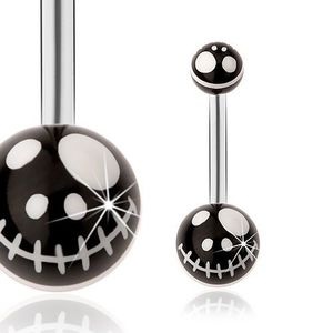 Ocelový piercing do pupíku, černé kuličky - motiv kreslené lebky z pohádky obraz