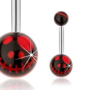 Ocelový piercing do pupíku, černé kuličky, motiv lebky z animovaného filmu obraz