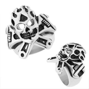 Ocelový prsten stříbrné barvy, vypouklá patinovaná lebka, francouzský klíč - Velikost: 65 obraz