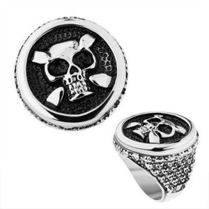Ocelový prsten ve stříbrném odstínu, kruh, patinovaná lebka, srdce, tečky - Velikost: 60 obraz