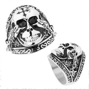 Ocelový prsten stříbrné barvy, lesklá lebka s křížem, řetízky, patina - Velikost: 57 obraz