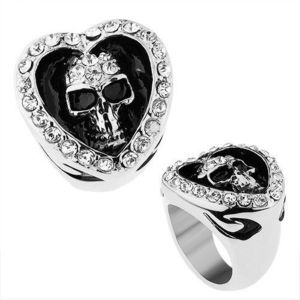 Prsten z chirurgické oceli, srdce zdobené čirými zirkony, patinovaná lebka - Velikost: 56 obraz
