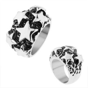 Ocelový prsten, lesklé vypouklé hvězdy ve stříbrném odstínu, černá patina - Velikost: 56 obraz