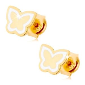 Náušnice ze žlutého 9K zlata - lesklý plochý motýlek, kontura z bílé glazury obraz