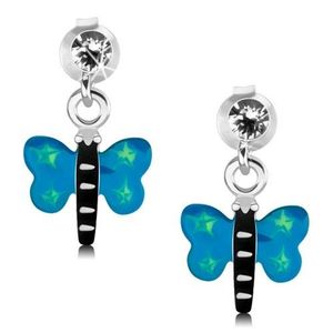 Náušnice ze stříbra 925, motýl s modrými křídly a zelenými hvězdičkami obraz