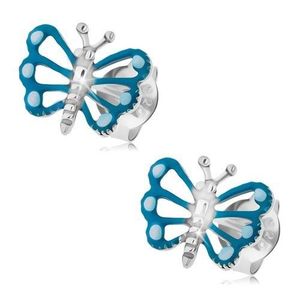 Náušnice ze stříbra 925, motýl s modrými křídly a patinovaným tělem obraz