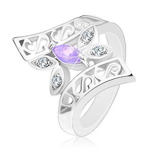 Prsten stříbrné barvy, zahnutá zdobená ramena, barevný motýl - Velikost: 48, Barva: Růžová obraz