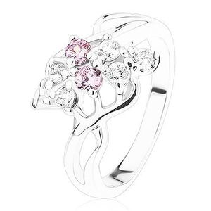 Blýskavý prsten, stříbrná barva, mašlička z růžových a čirých zirkonů - Velikost: 50 obraz