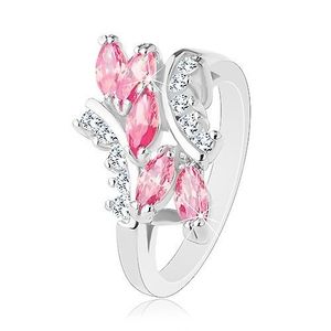 Lesklý prsten stříbrné barvy, růžová zirkonová zrnka, čiré zirkonky - Velikost: 51 obraz