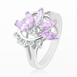 Prsten stříbrné barvy, světle fialový zirkonový květ, čiré zirkonky - Velikost: 48 obraz
