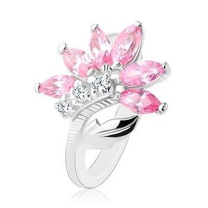 Třpytivý prsten stříbrné barvy, růžovo-čirý zirkonový květ, lesklý list - Velikost: 48 obraz