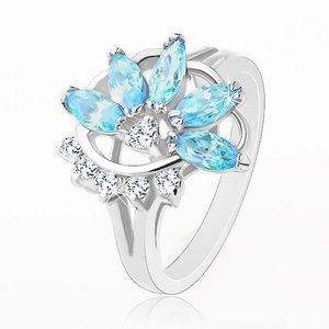 Prsten s lesklými rozdělenými rameny, modro-čirý poloviční květ - Velikost: 50 obraz