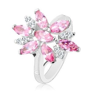 Prsten ve stříbrném odstínu, velký květ s růžovými a čirými lupínky - Velikost: 49 obraz
