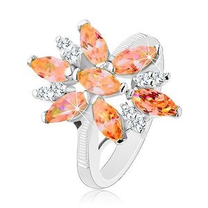 Blýskavý prsten ve stříbrné barvě, velký květ z oranžových a čirých zirkonů - Velikost: 50 obraz