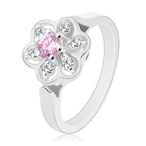 Prsten ve stříbrném odstínu, blýskavý čirý kvítek s růžovým středem - Velikost: 50 obraz
