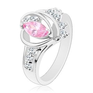 Prsten s rozdělenými zirkonovými rameny, velké růžové zrnko, obloučky - Velikost: 49 obraz