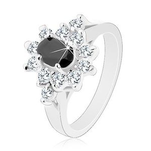 Lesklý prsten stříbrné barvy, černý zirkonový ovál s lemem čiré barvy - Velikost: 49 obraz
