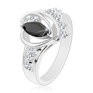 Prsten stříbrné barvy, černé zirkonové zrnko, lesklé oblouky, čiré zirkonky - Velikost: 49 obraz