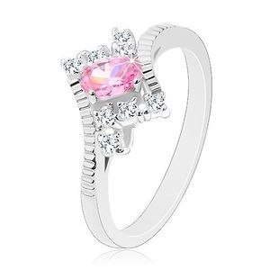 Prsten ve stříbrném odstínu s vroubkovanými rameny, růžový ovál, čiré zirkony - Velikost: 52 obraz