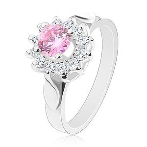 Prsten ve stříbrném odstínu, růžovo-čirý zirkonový květ, lesklé lístky - Velikost: 49 obraz
