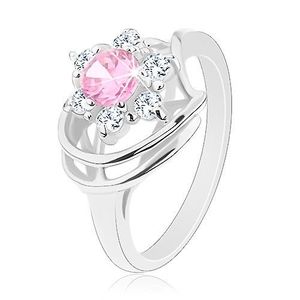 Prsten ve stříbrné barvě, růžovo-čirý zirkonový květ, lesklé oblouky - Velikost: 49 obraz