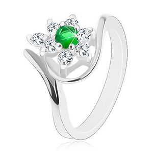 Třpytivý prsten ve stříbrné barvě, tmavě zelený kvítek s čirými lupínky - Velikost: 49 obraz