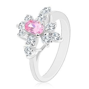 Třpytivý prsten ve stříbrné barvě, růžový ovál, čiré zirkonky - Velikost: 58 obraz