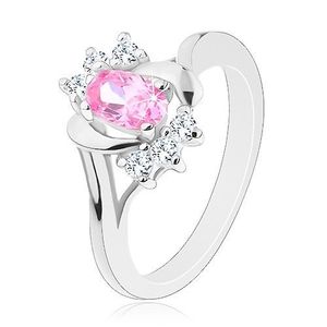 Prsten stříbrné barvy, velký růžový ovál, hladké a zirkonové oblouky - Velikost: 50 obraz