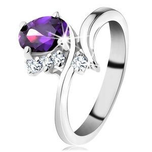 Prsten ve stříbrném odstínu, úzká zahnutá ramena, fialový broušený ovál - Velikost: 50 obraz
