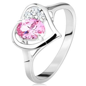 Prsten stříbrné barvy, obrys srdíčka s růžovým oválem a čirými zirkonky - Velikost: 54 obraz