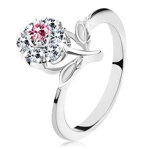 Lesklý prsten s růžovo-čirým zirkonovým kvítkem, stonek s lístky - Velikost: 53 obraz