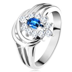 Třpytivý prsten s rozvětvenými rameny, tmavomodrý zirkon, čirá obruba - Velikost: 50 obraz