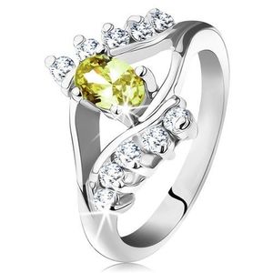 Lesklý prsten ve stříbrné barvě, hladké a zirkonové linie, světle zelený ovál - Velikost: 50 obraz