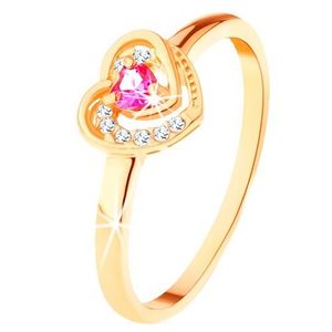 Zlatý prsten 585 - růžové zirkonové srdíčko ve dvojitém obrysu - Velikost: 49 obraz