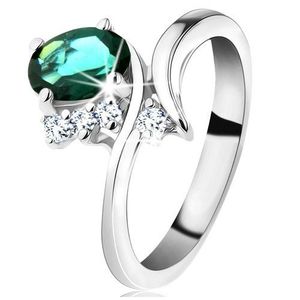Prsten ve stříbrné barvě, úzká ohnutá ramena, tmavě zelený oválný zirkon - Velikost: 50 obraz