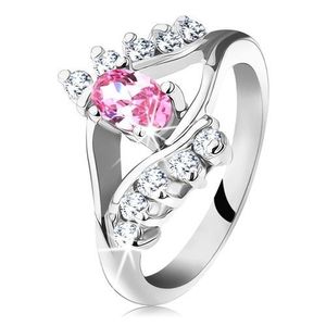 Blýskavý prsten se zirkonovým růžovo-čirým okem, rozdvojená ramena - Velikost: 60 obraz