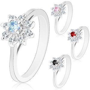 Třpytivý prsten se stříbrným odstínem, zúžená ramena, zirkonový kvítek - Velikost: 49, Barva: Růžová obraz