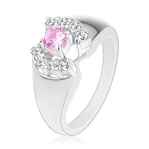 Prsten se zaoblenými rameny, kulatý zirkon v růžové barvě, čiré obloučky - Velikost: 52 obraz