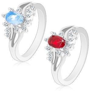 Lesklý prsten ve stříbrném odstínu s rozdvojenými rameny, broušené zirkony - Velikost: 52, Barva: Červená obraz