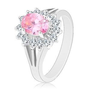 Prsten se zirkonovým květem v růžové a čiré barvě, rozdělená ramena - Velikost: 52 obraz