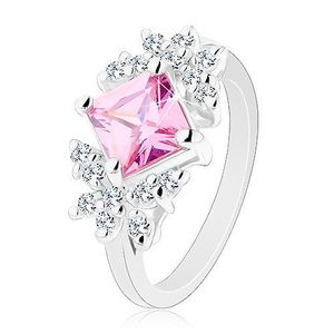 Prsten stříbrné barvy, broušený zirkonový čtverec růžové barvy, čiří motýli - Velikost: 49 obraz