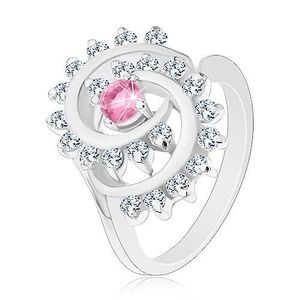 Prsten ve stříbrné barvě, spirála s čirým lemem, růžový kulatý zirkon - Velikost: 50 obraz