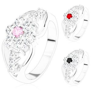 Prsten se zirkonovým květem a rozdělenými rameny, trojice čirých zirkonů - Velikost: 59, Barva: Růžová obraz