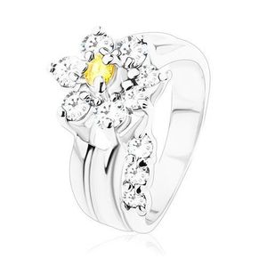 Zářivý prsten, oddělený zirkonový čirý stonek, kvítek ve žluté a čiré barvě - Velikost: 49 obraz