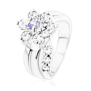 Blýskavý prsten, ohnutý stonek, zirkonový květ ve světle fialové a čiré barvě - Velikost: 49 obraz
