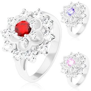 Třpytivý prsten ve stříbrném odstínu, kontura květu, kulaté zirkony - Velikost: 51, Barva: Červená obraz