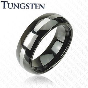 Černý prsten z wolframu, pás stříbrné barvy, zaoblený povrch, 8 mm - Velikost: 49 obraz
