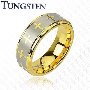 Wolframový prsten ve zlatém odstínu, křížky a pás stříbrné barvy, 8 mm - Velikost: 49 obraz
